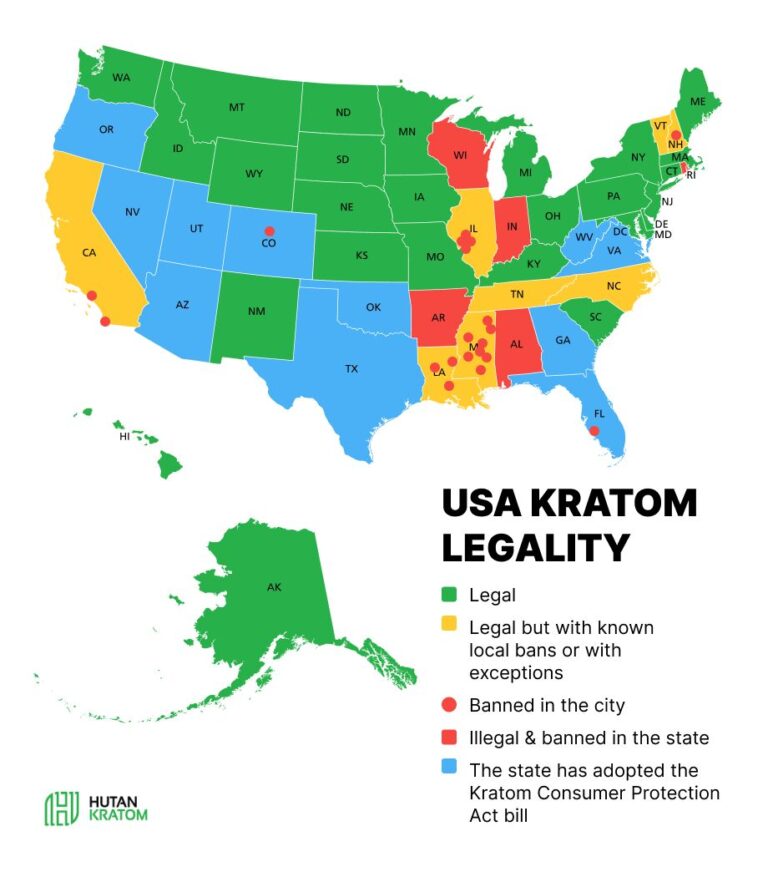 A color-coded kratom legal state map showing the status of this herb in all of the USA’s states.